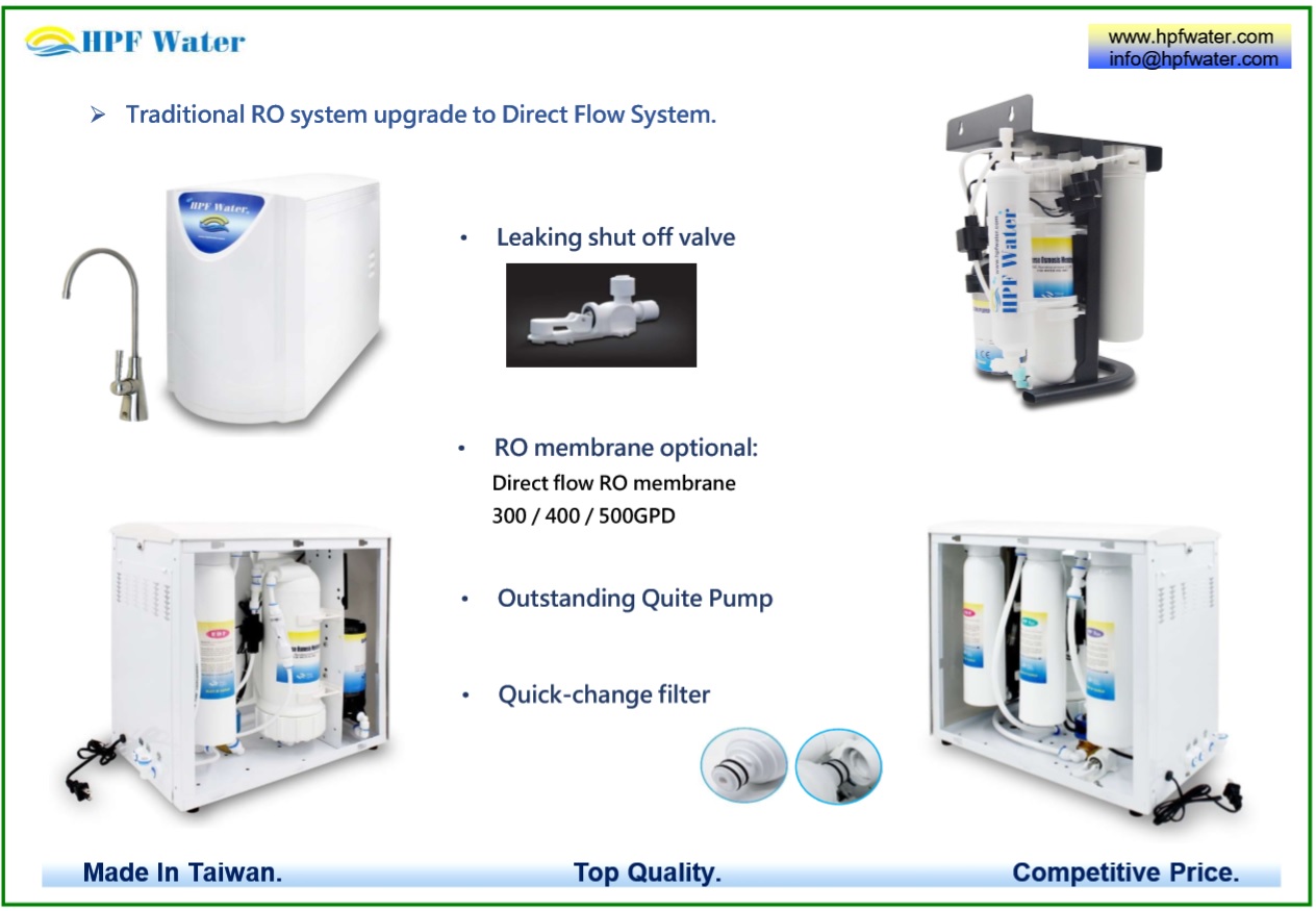 Direct Flow RO appliance 500GPD with Quick-change filter meets NSF requirements made in Taiwan.